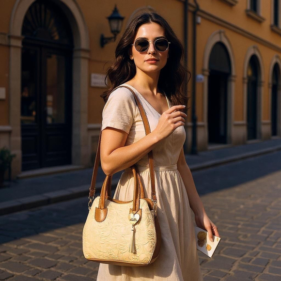 Light Beige Sunflower Embossed Tooled Artisan LEATHER Hobo Bag Purse Bolsa - Picture 3 of 14